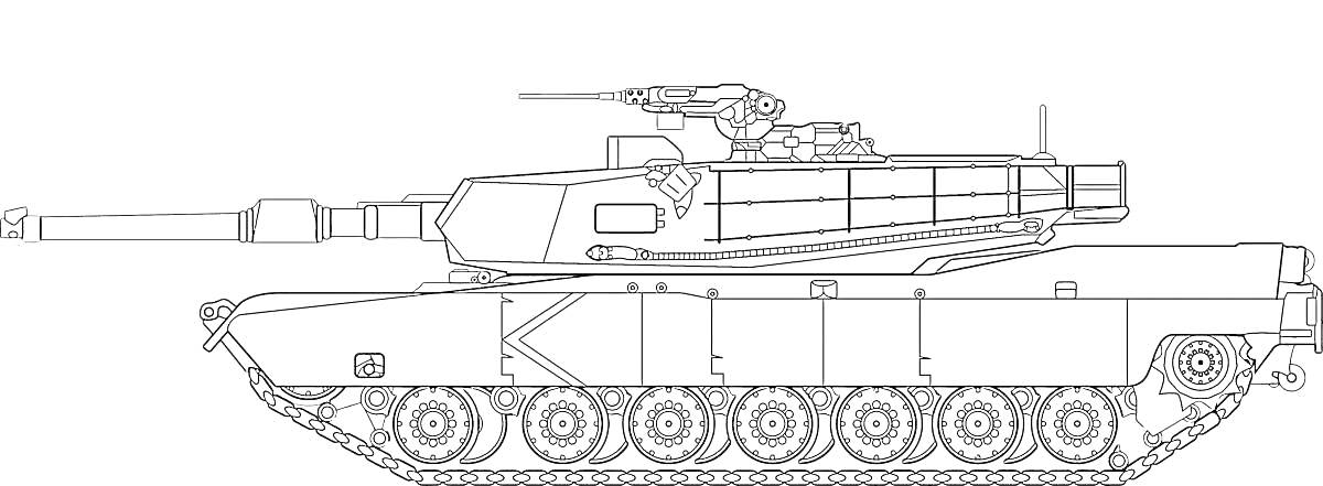 На раскраске изображено: Танк, Военная техника, Гусеницы, Ходовая часть