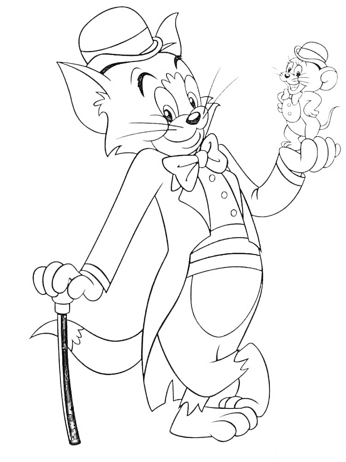Раскраска Кот в костюме с тростью и мышонком на руке