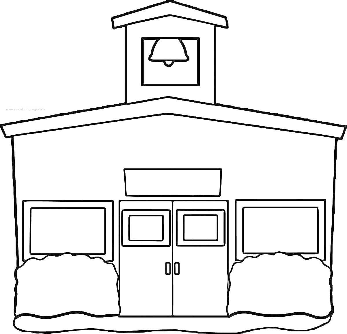 На раскраске изображено: Пожарная станция, Окна, Кусты, Колокол, Здание
