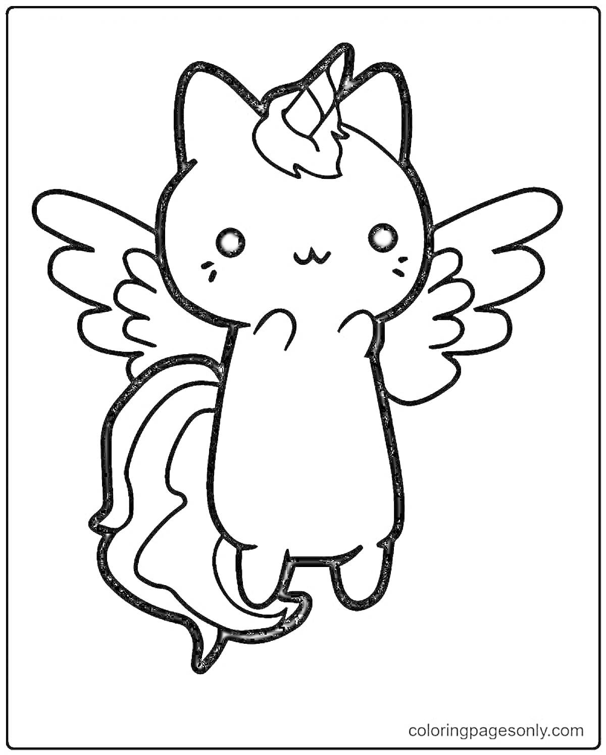 Раскраска Кот-единорог с крыльями и рогом на голове, стоящий на задних лапах