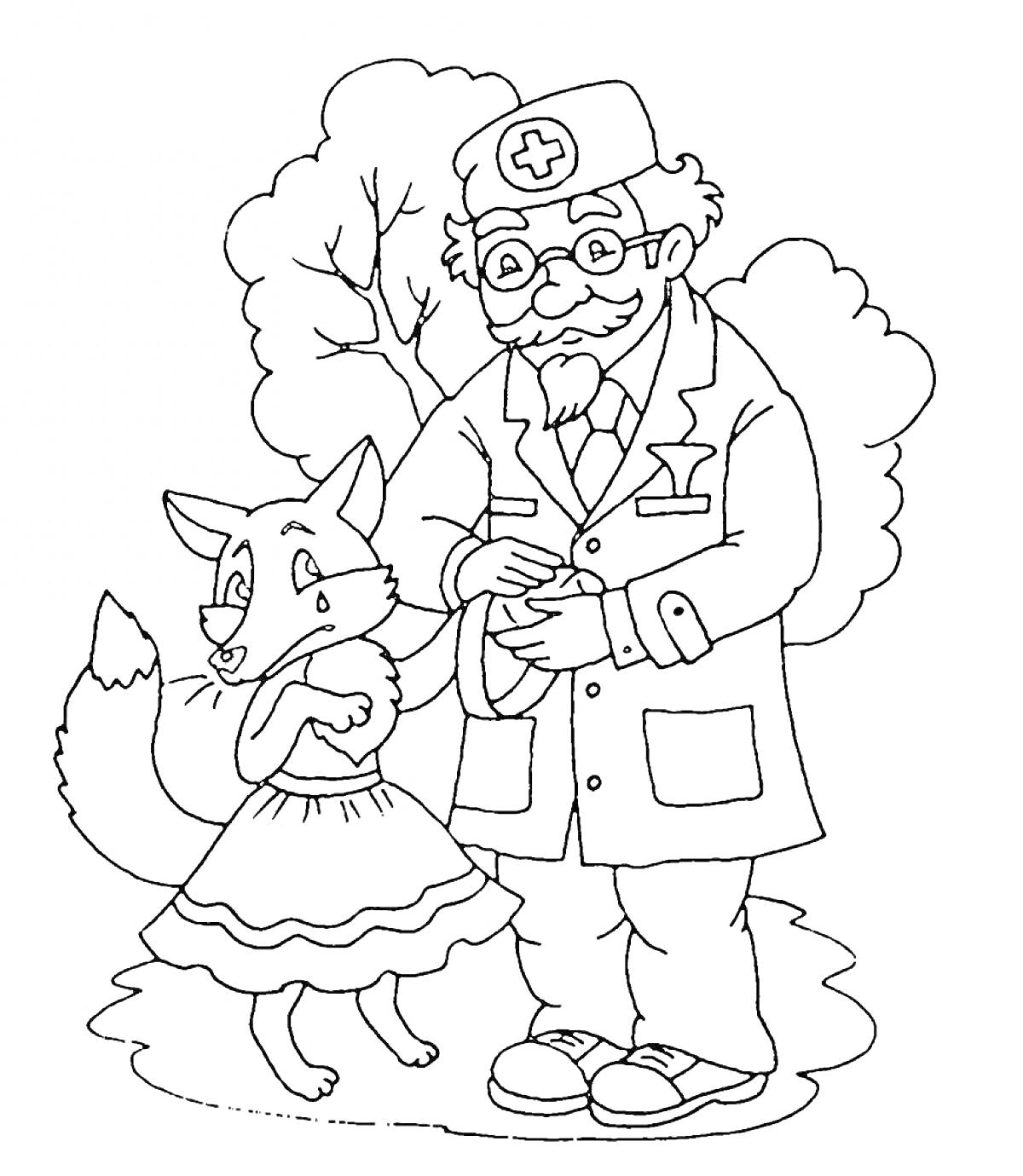 Доктор Айболит и лиса в платье на фоне дерева