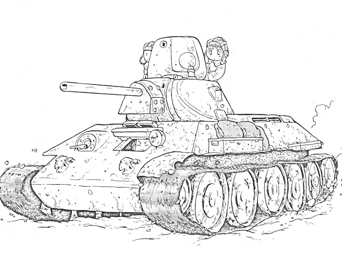 На раскраске изображено: Танк, Т-34, Экипаж, Боевой транспорт, Поле, Военная техника