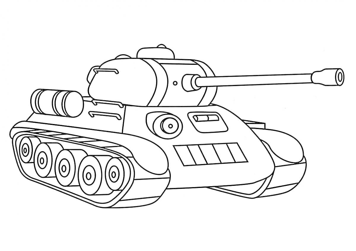 Раскраска с изображением танка Т-34. На изображении танка видны следующие элементы: башня с длинным стволом орудия, люк на башне, гусеницы с опорными катками, корпус танка с панелями и воздухозаборником, элементы подвески и выхлопная труба.