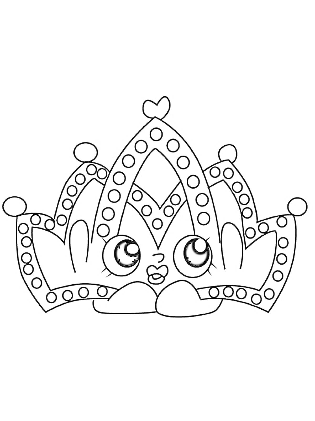 Раскраска Корона Шопкинс с большими глазами и улыбающимся лицом, с сердечком на вершине и множественными кружками вокруг