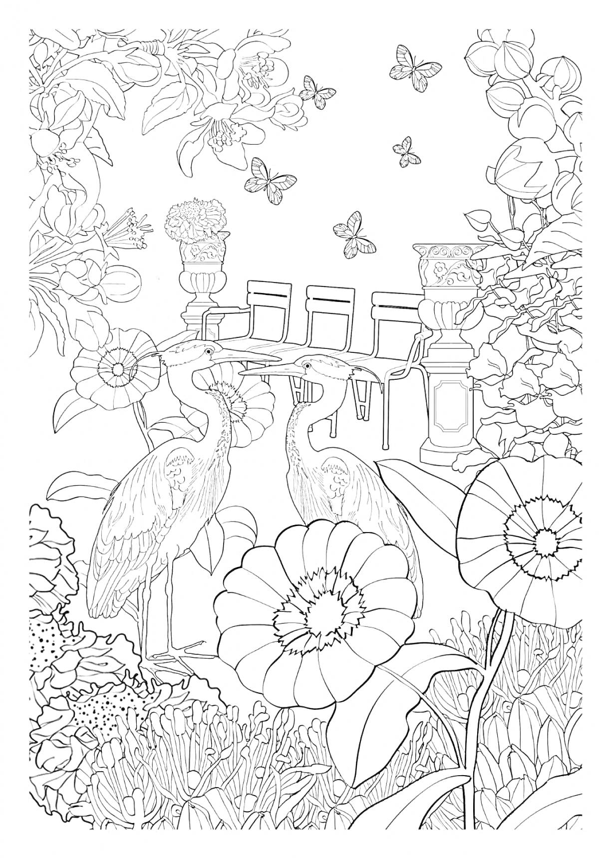 Раскраска Цветочный сад с цветами, птицами, мостиком, бабочками и листвой