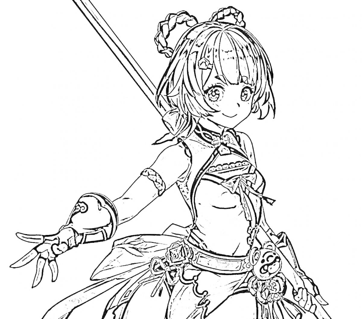 Раскраска Девушка с мечом из Genshin Impact, характерная прическа с украшениями, костюм с декоративными элементами