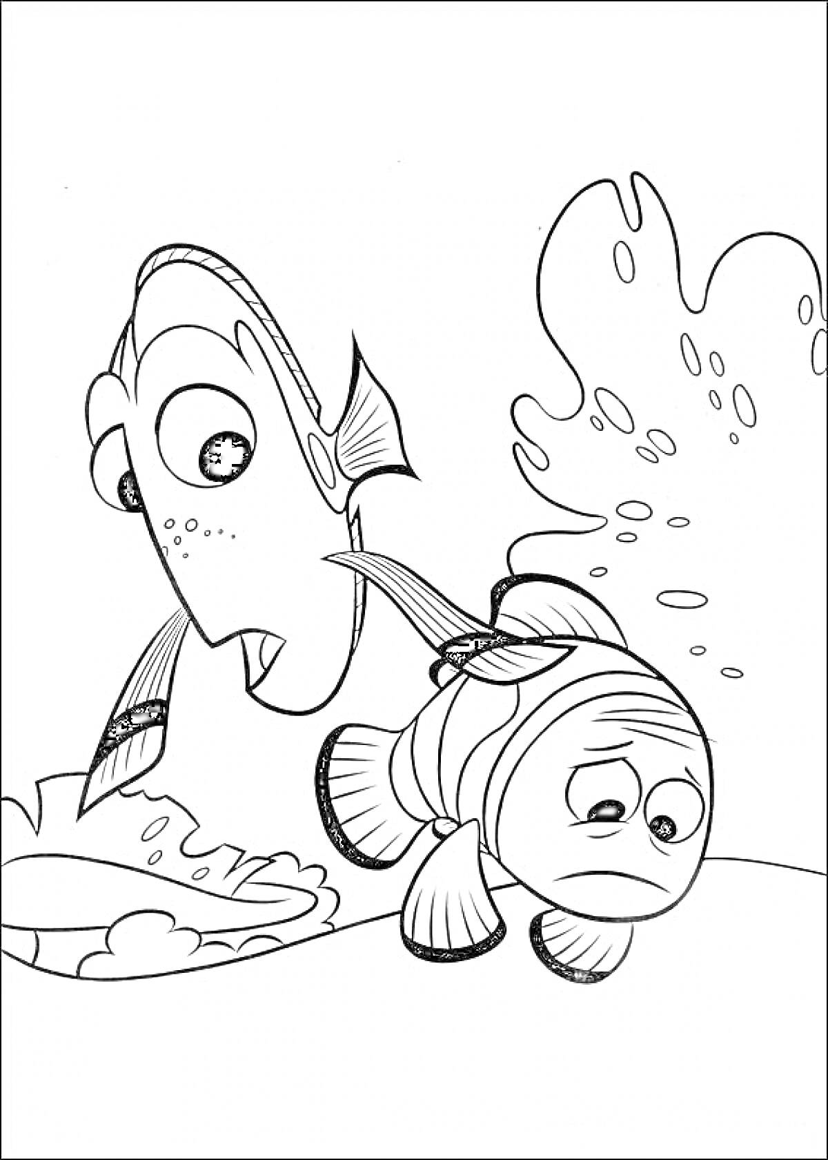 На раскраске изображено: В поисках Дори, Два персонажа, Печаль, Рыба, Из мультфильмов