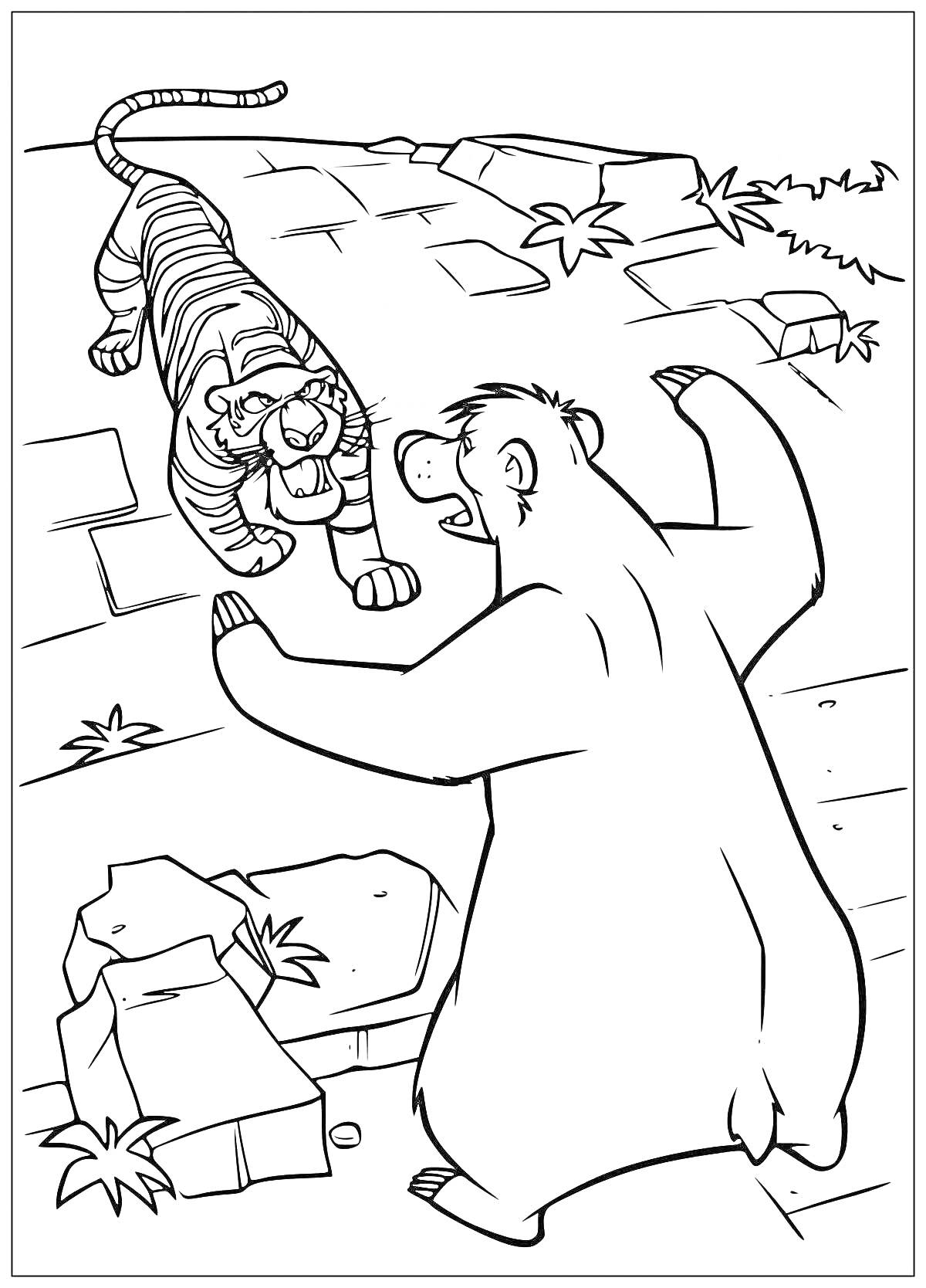 Раскраска Тигр и медведь в руинах с растениями