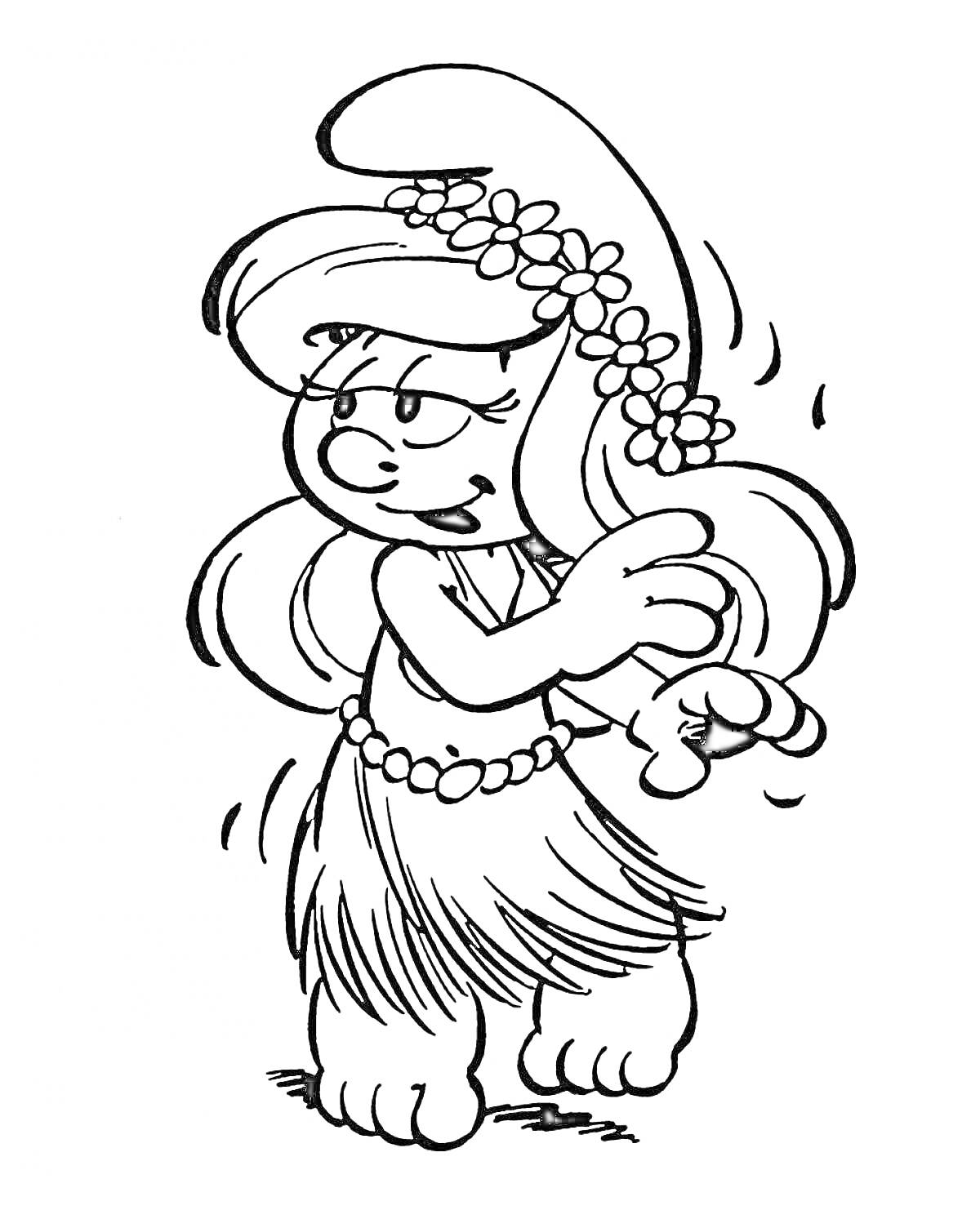 Раскраска Смурфета в гавайской юбке с цветами в волосах