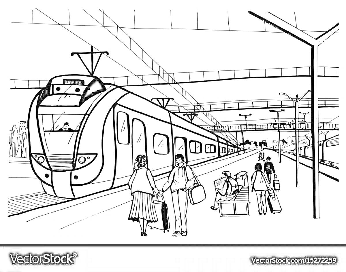 Раскраска Поезд на вокзале с пассажирами, скамейками, багажом и мостом