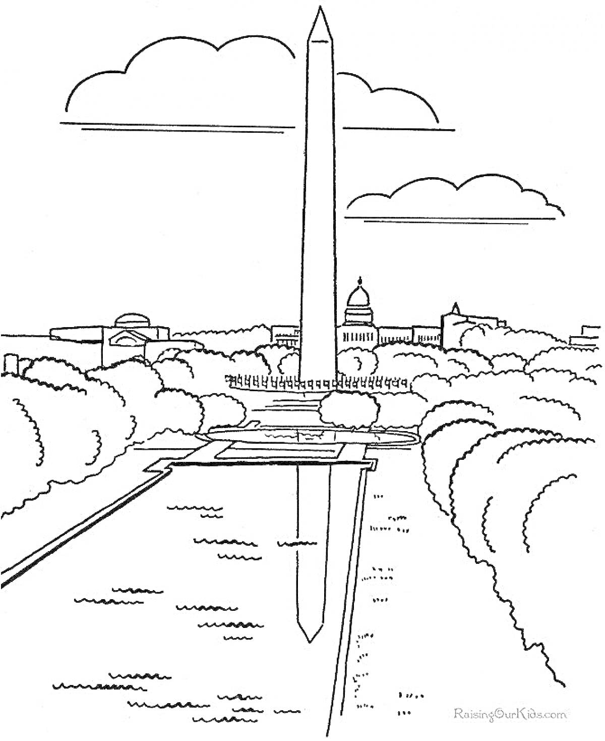 Раскраска Обелиск с отражением в воде, деревья, здания на заднем плане, облака
