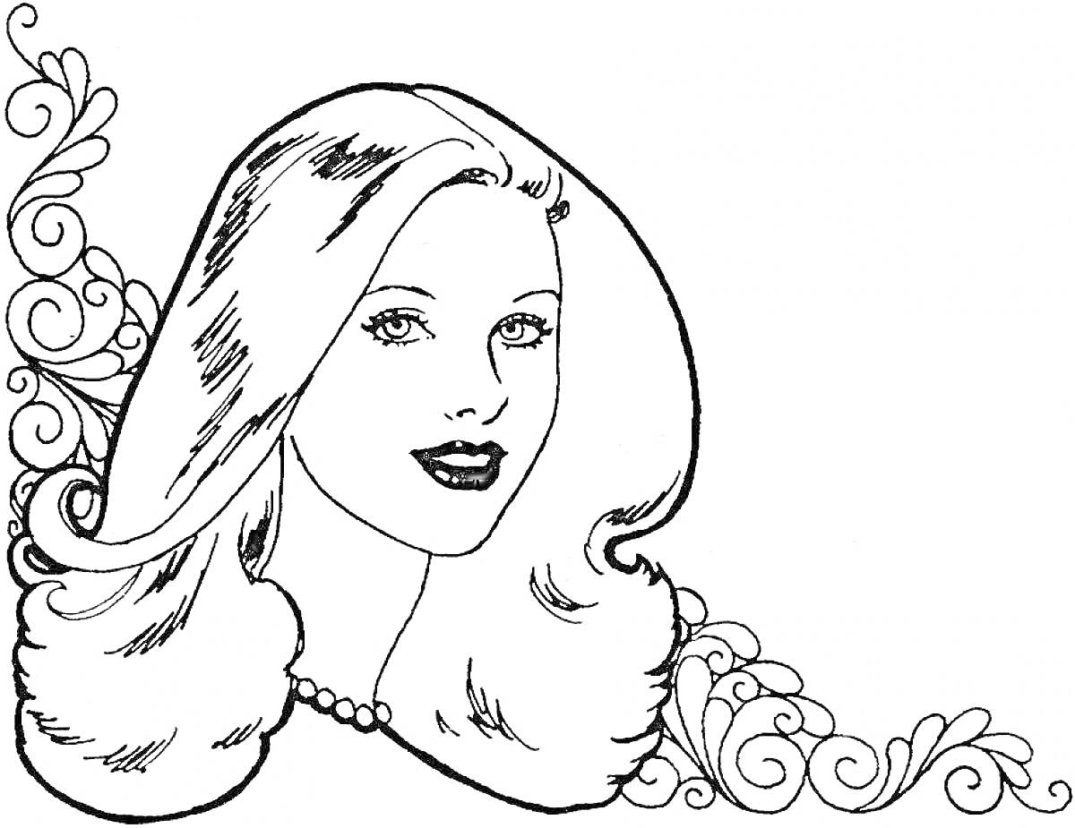 На раскраске изображено: Женщина, Длинные волосы, Ожерелье, Цветочные узоры, Портреты
