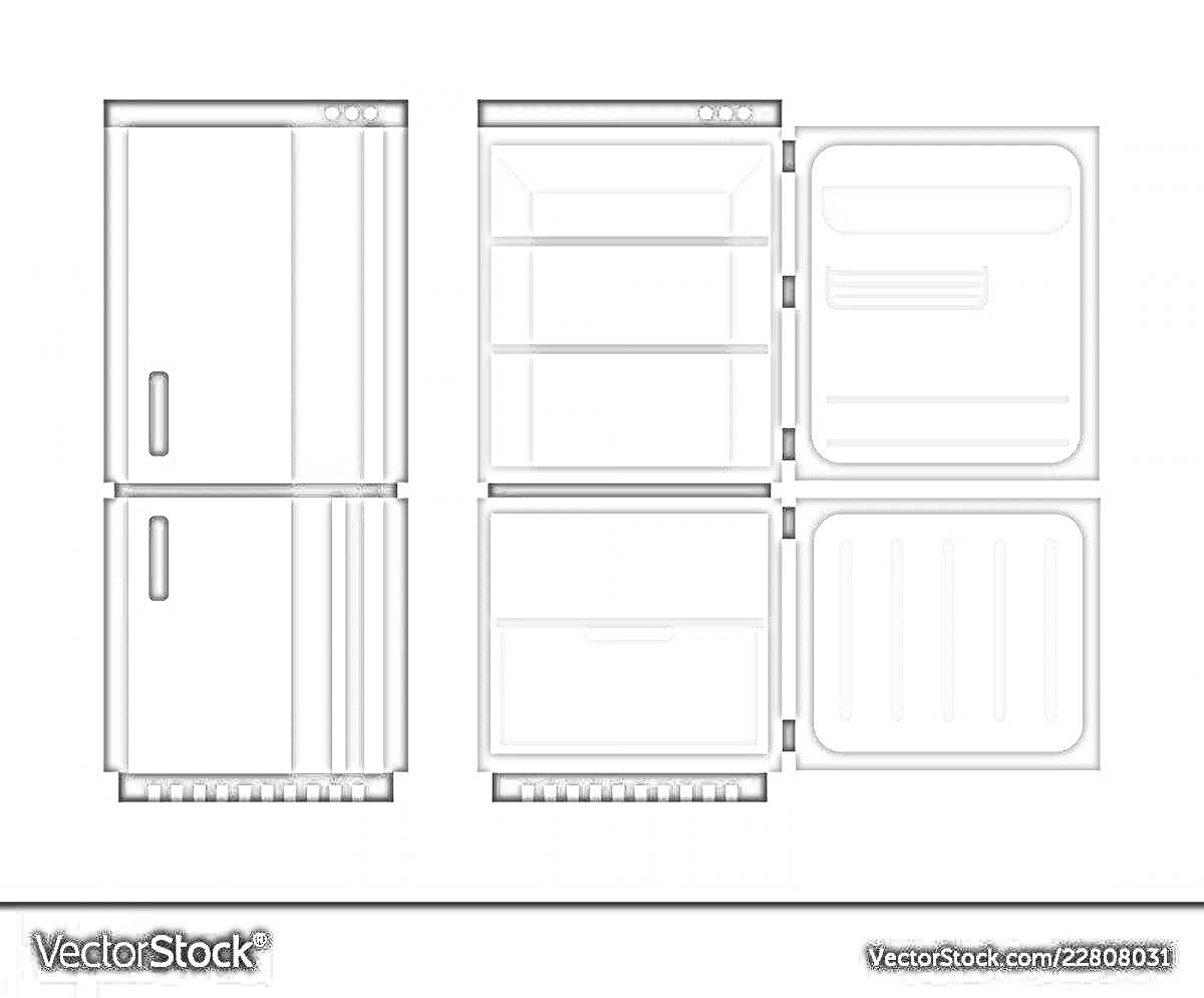 Раскраска пустой холодильник с открытыми дверцами, пустые полки, морозильная камера с одной полкой