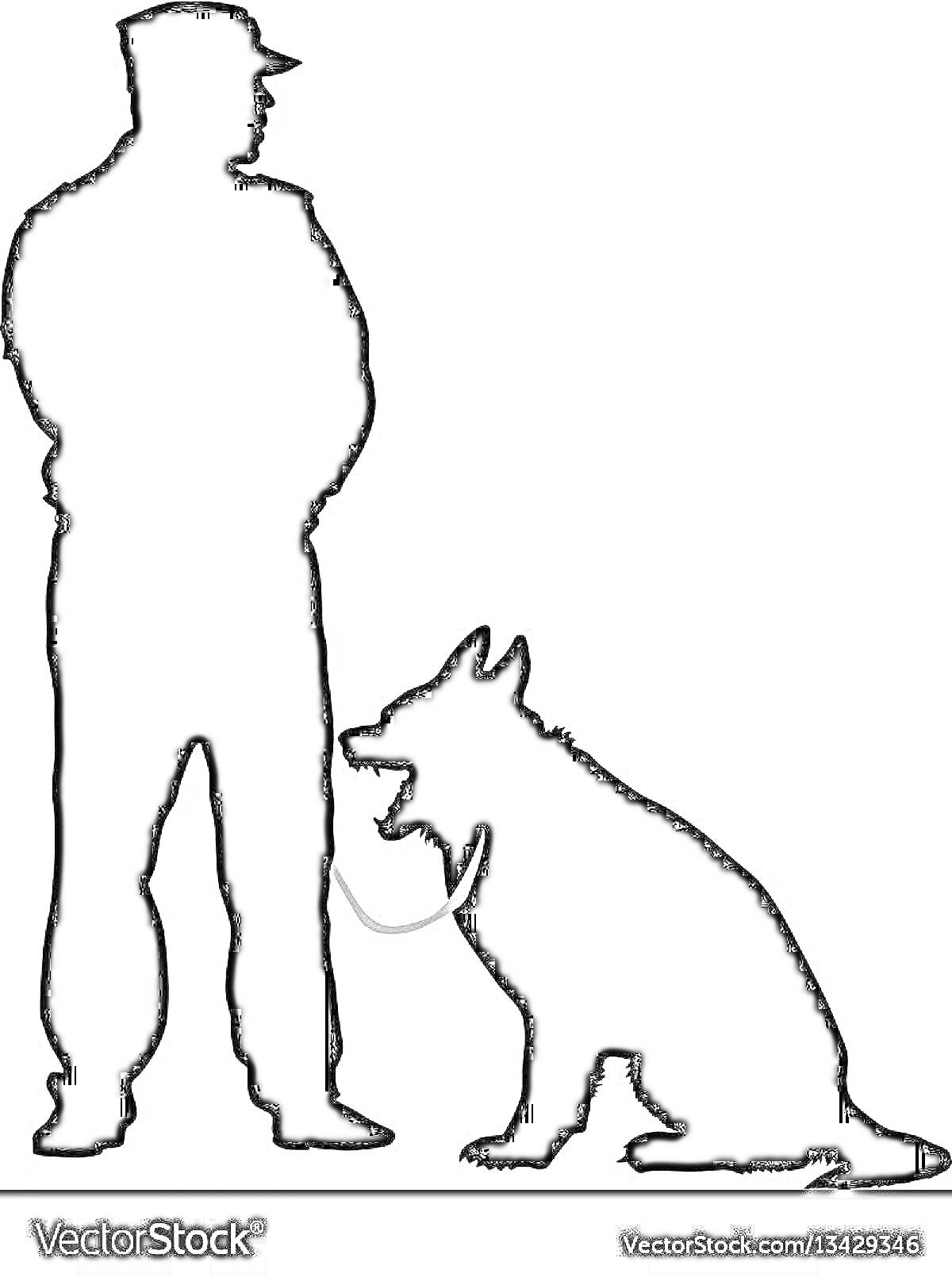Раскраска Силуэт кинолога с собакой на поводке
