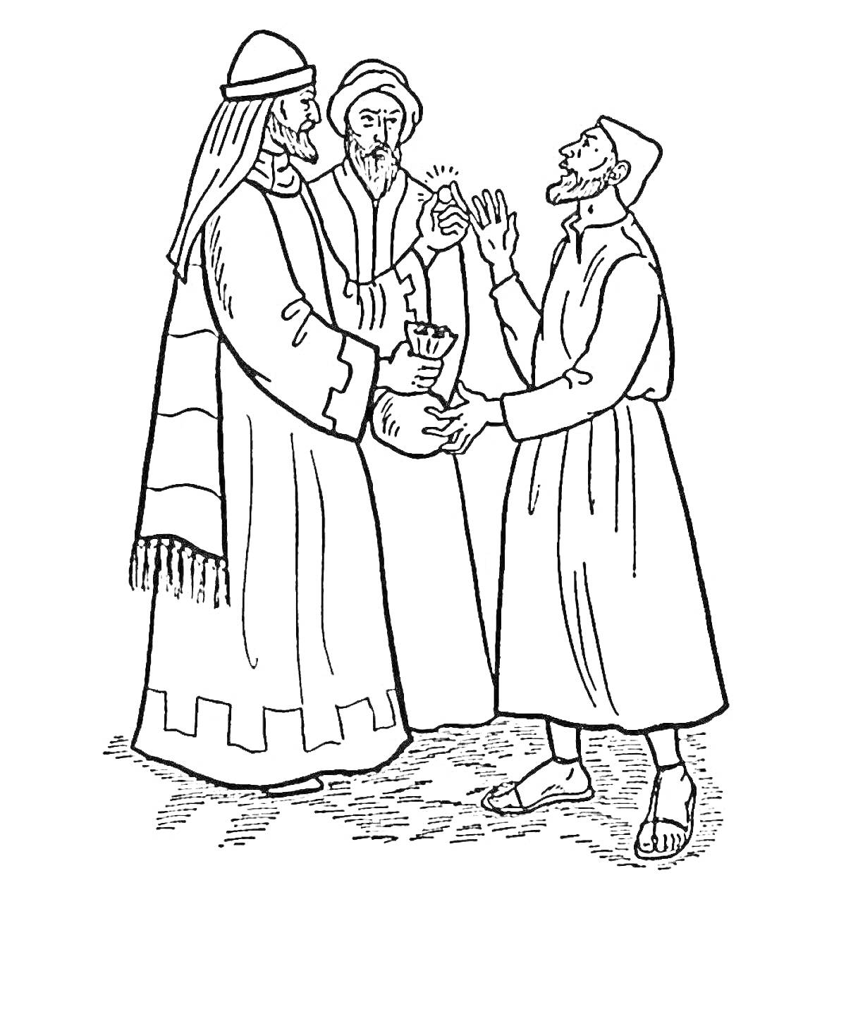 На раскраске изображено: Беседа, Традиционная одежда, Библия, Религия, Иллюстрация