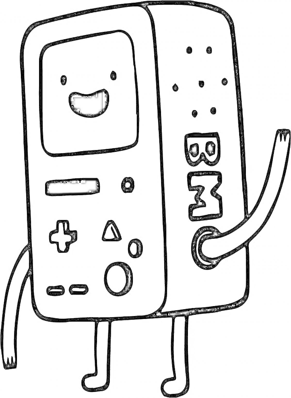 Раскраска персонаж в форме тетрис-игровой консоли с руками и ногами, улыбающийся экран, крестовина управления, кнопки, надпись 