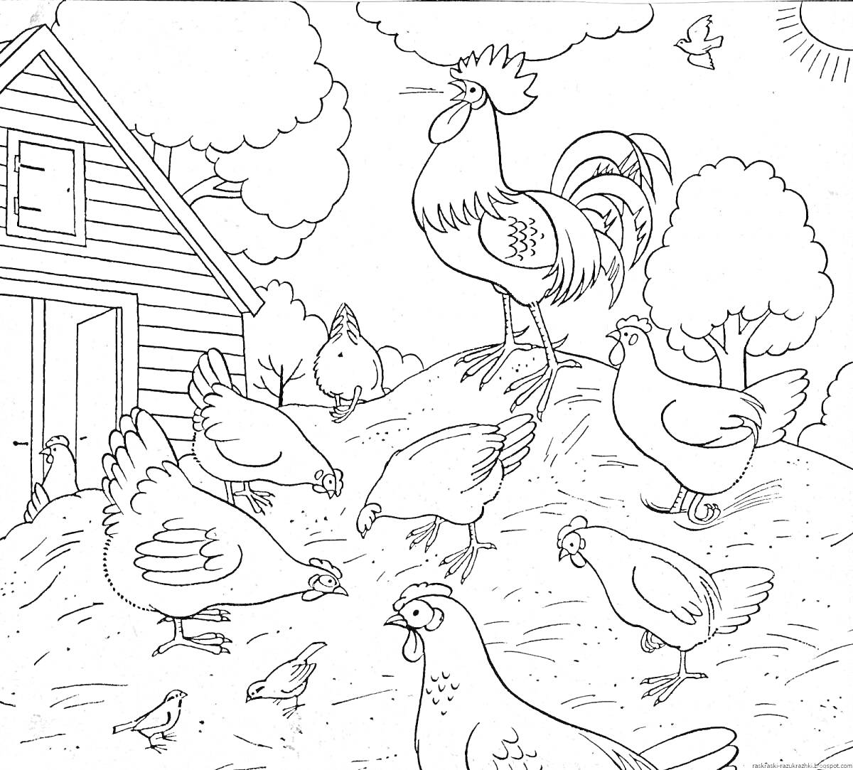 Раскраска Петух и куры на ферме с деревьями и домом