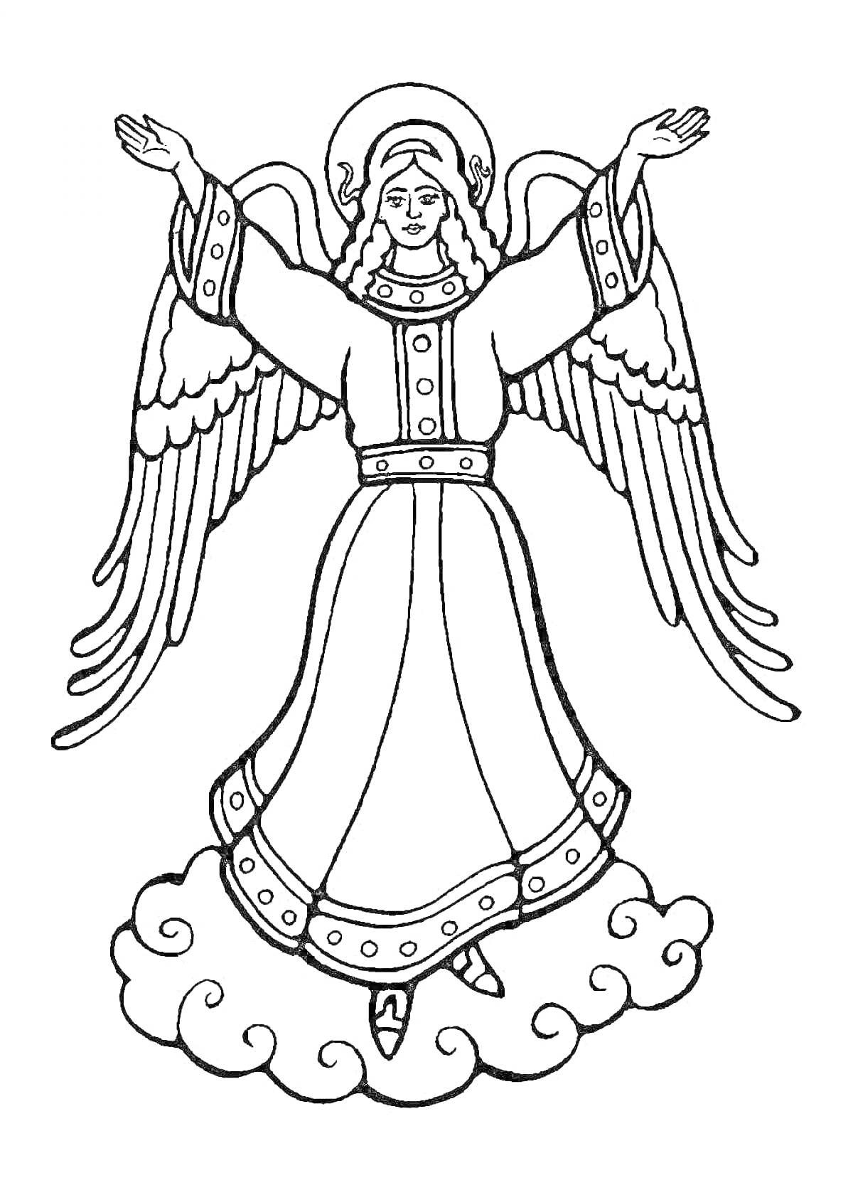 Раскраска Ангел с распростертыми крыльями на облаке