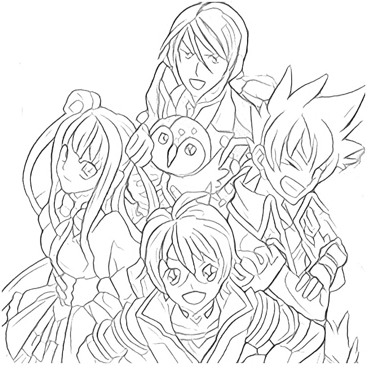 Раскраска Четыре персонажа из аниме с совой среди них