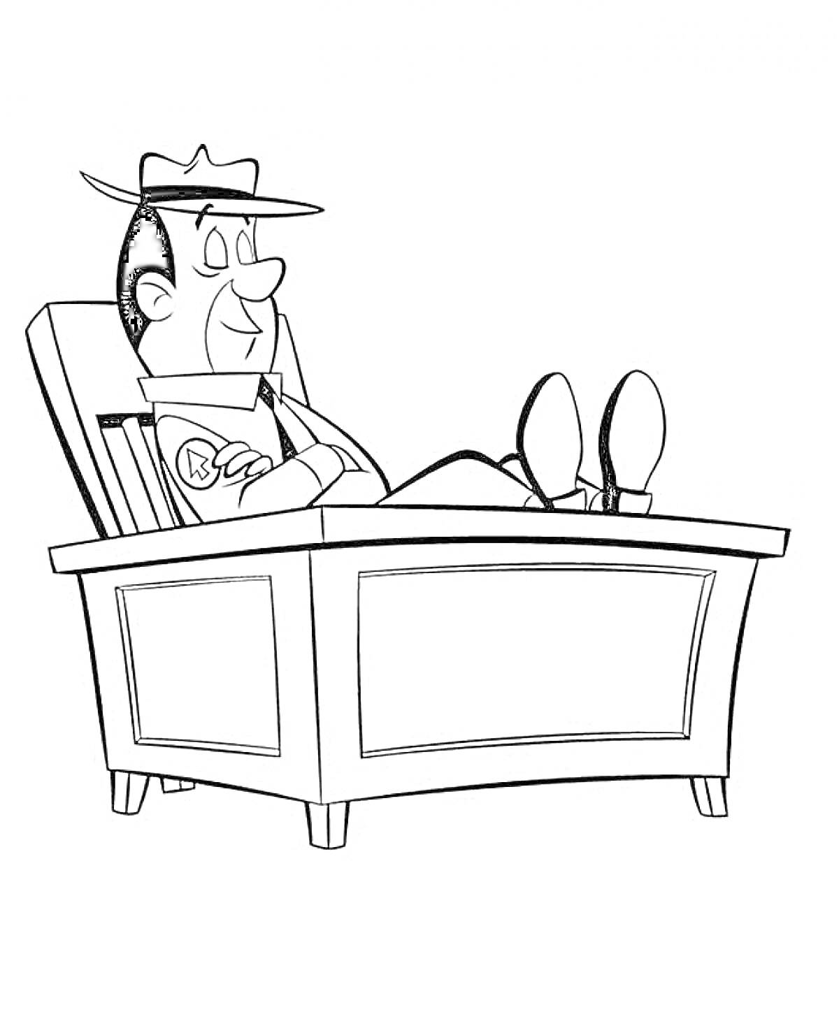 Раскраска персонаж в шляпе отдыхает в кресле-качалке за письменным столом