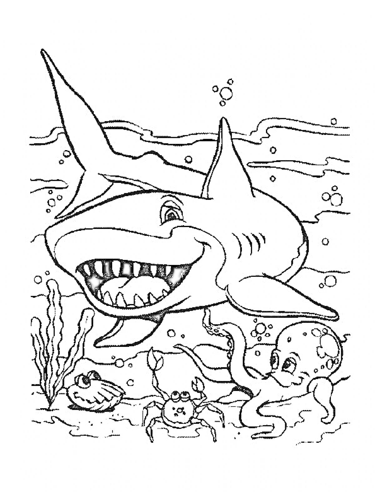 На раскраске изображено: Море, Подводный мир, Краб, Водоросли, Морское дно, Ракушка, Акулы, Осьминоги, Пузыри, Морские звезды