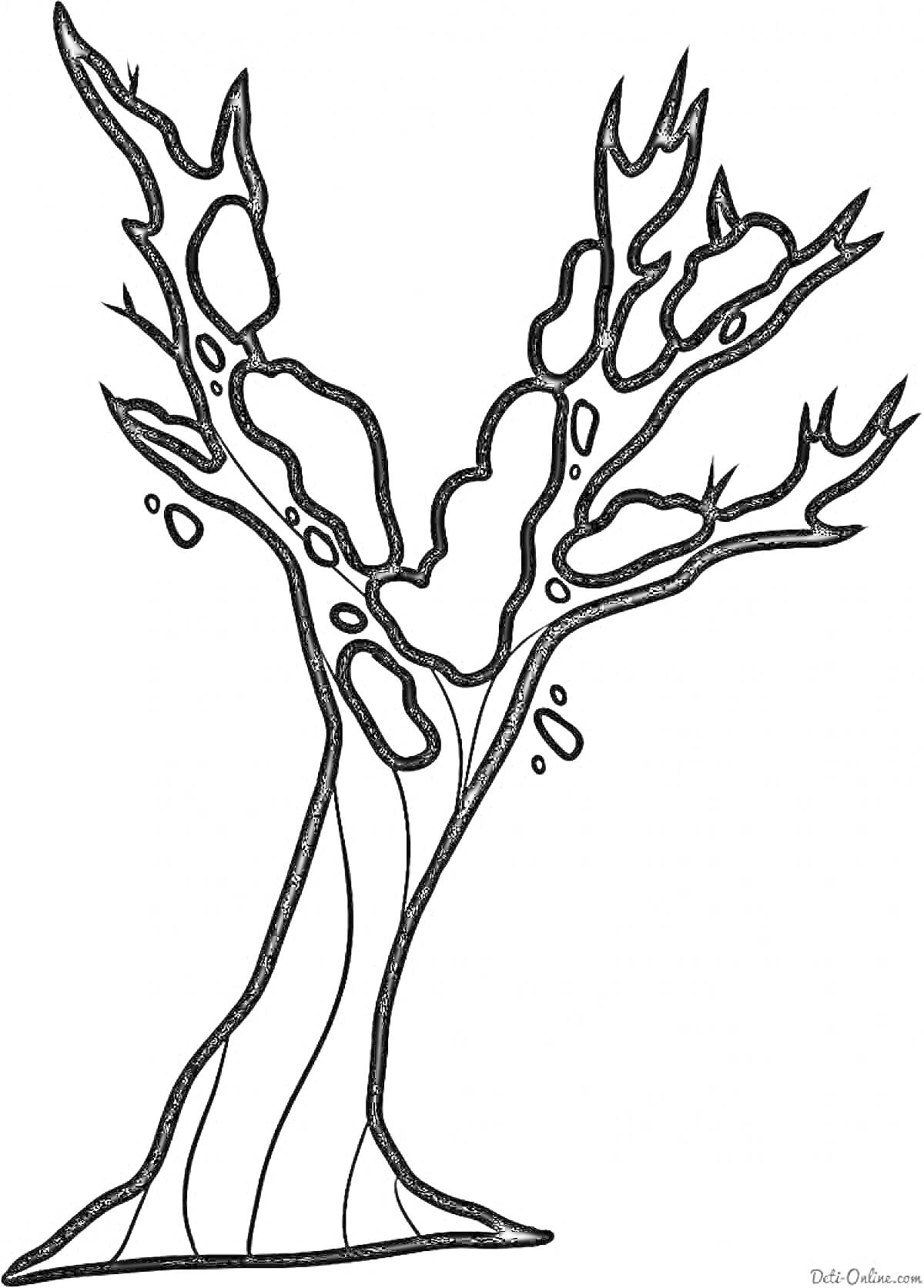 Раскраска зимнее дерево с голыми ветвями и комками снега