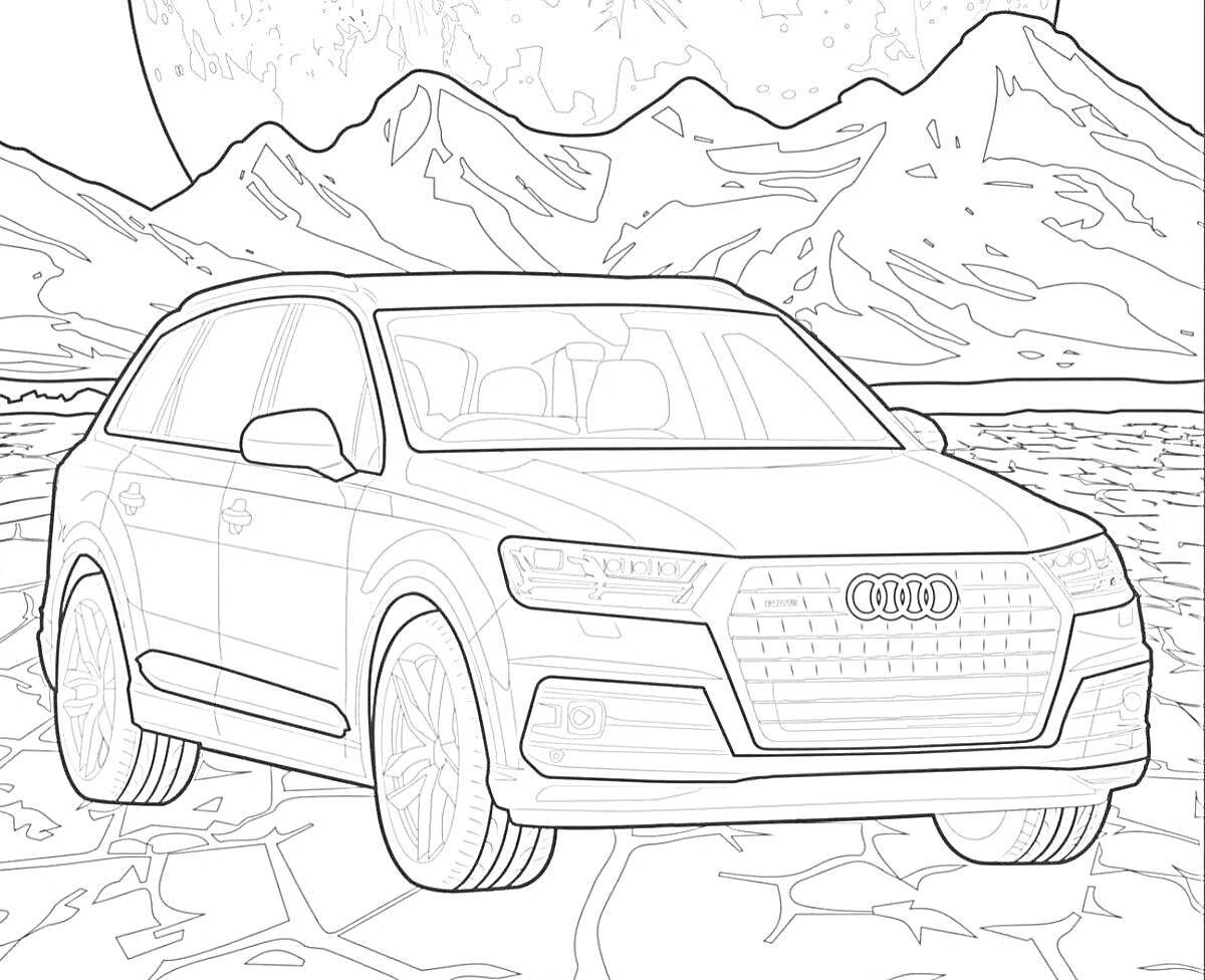 На раскраске изображено: Audi, Внедорожник, Горы, Озеро, Природа, Транспорт, Пейзаж