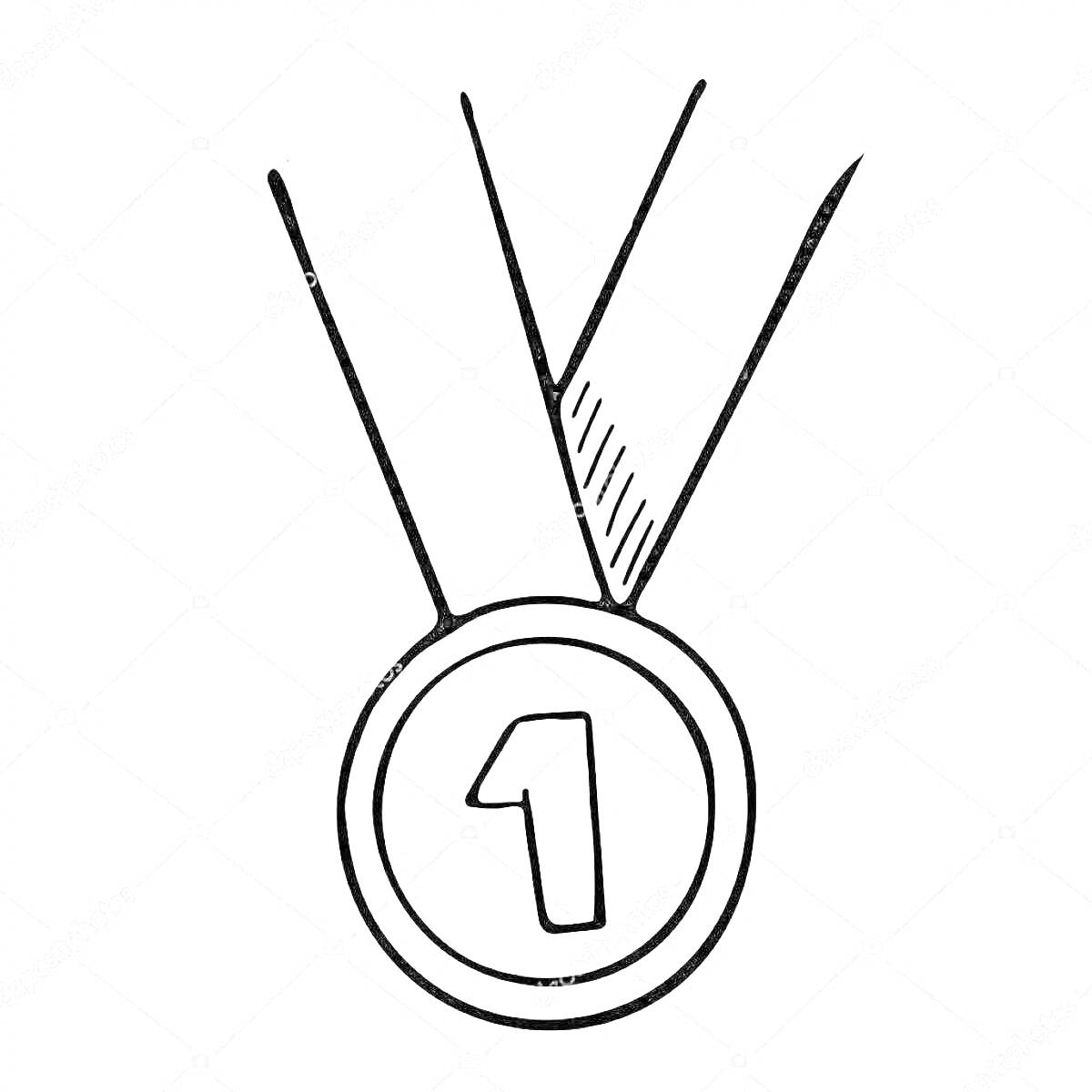 На раскраске изображено: Медаль, Первое место, Награда, Лента, Цифра 1, Победитель