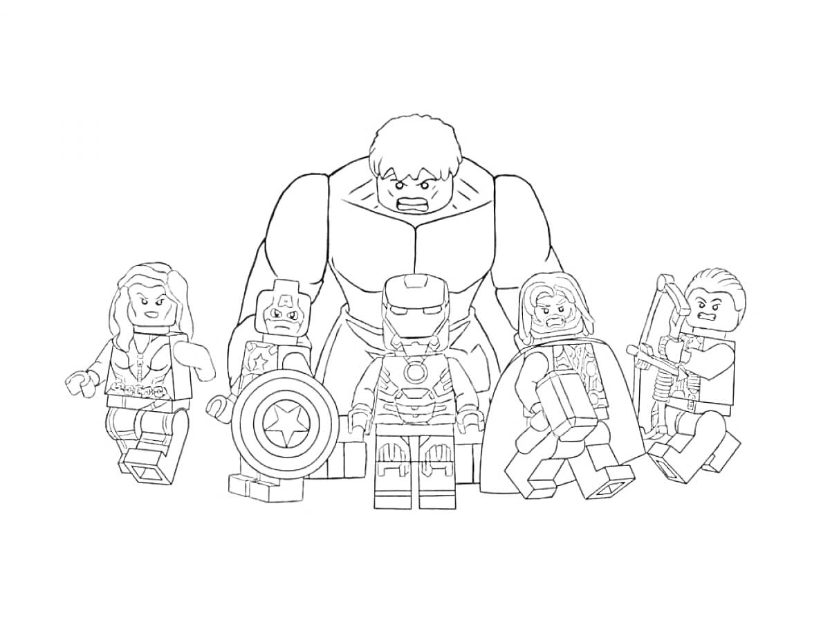На раскраске изображено: Лего, Мстители, Супергерои, Щит, Лук