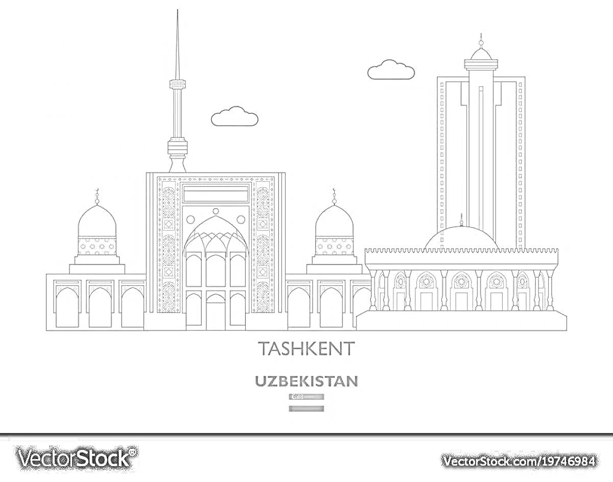 На раскраске изображено: Узбекистан, Здания, Архитектура, Облака, Городской пейзаж, Достопримечательности