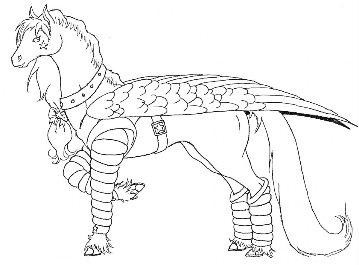 Раскраска Летучий конь в доспехах с кольцом в гриве