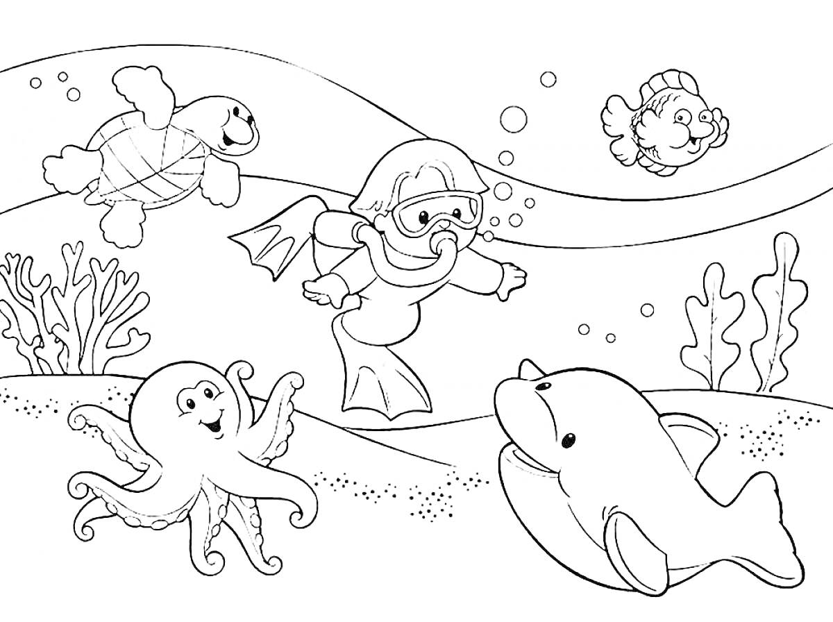На раскраске изображено: Лето, Подводный мир, Черепаха, Водолаз, Рыба, Кораллы, Морские животные, Подводное плавание, Для детей, Дельфины, Осьминоги