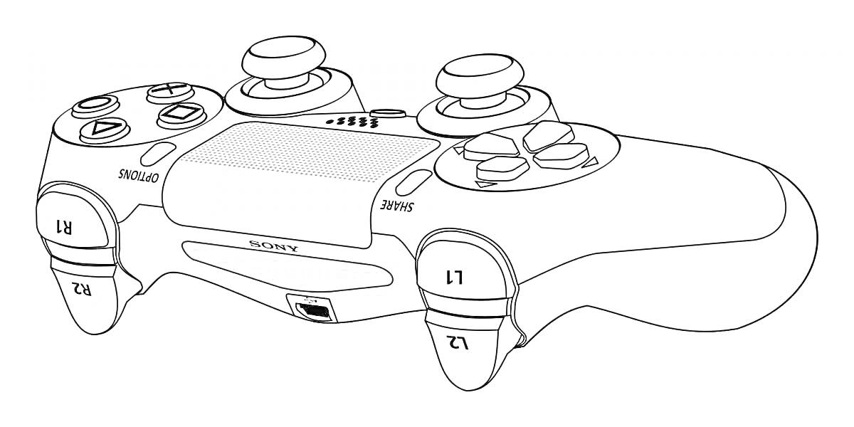 На раскраске изображено: Геймпад, PS4, Контроллер, Кнопки, Стики, Консоль
