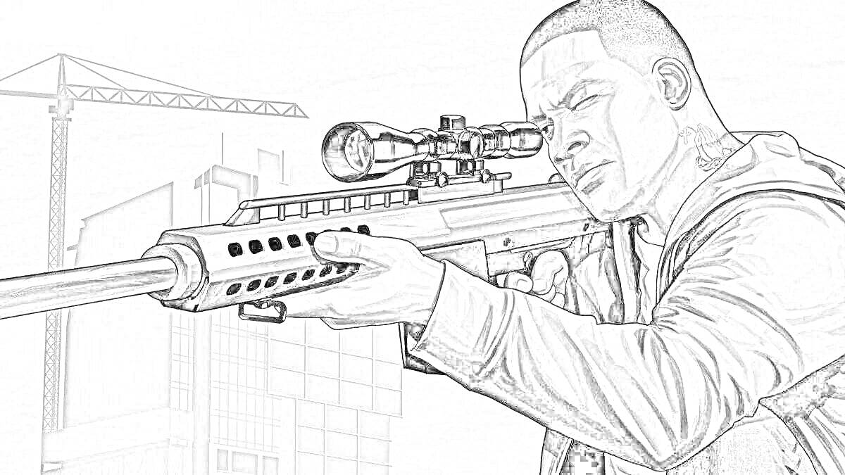 На раскраске изображено: Франклин, Снайперская винтовка, Строительство, Кран