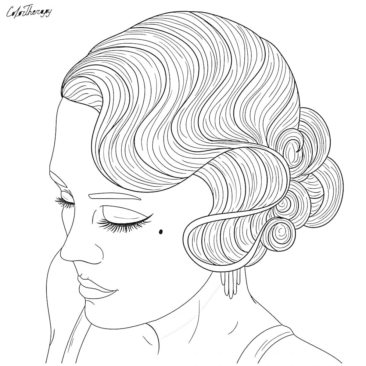 Раскраска Женская голова с волнистыми волосами в ретро-прическе, серьги, родинка на щеке