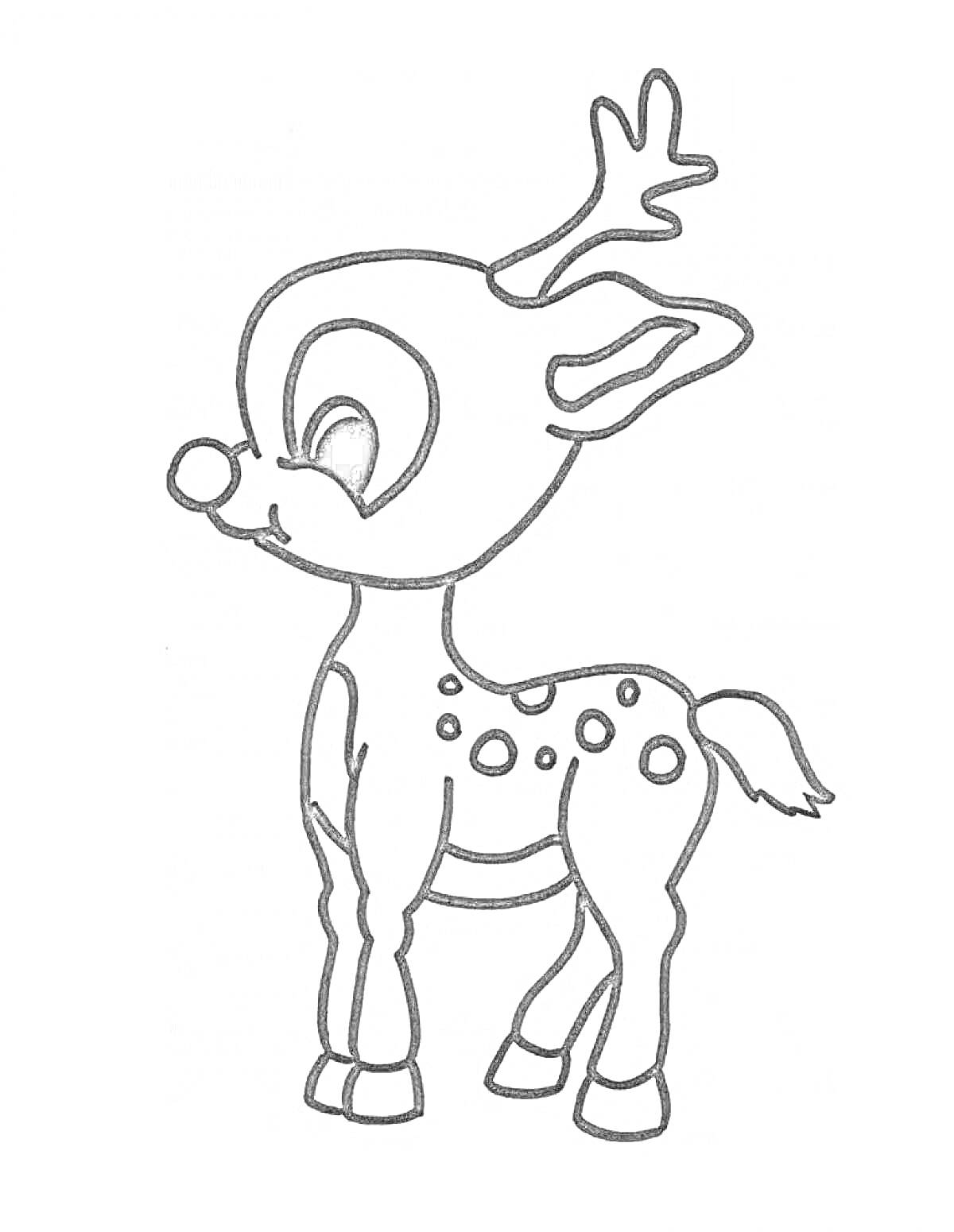 Раскраска Олененок с пятнышками и рогами, смотрящий влево