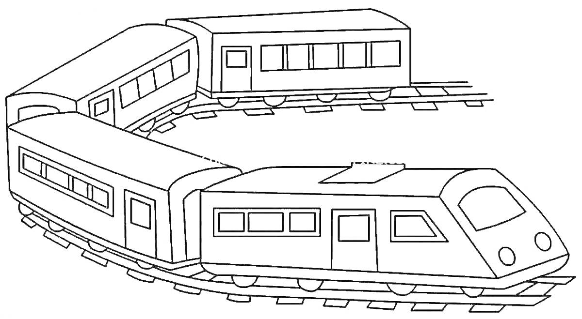 Раскраска Поезд с вагонами на рельсах