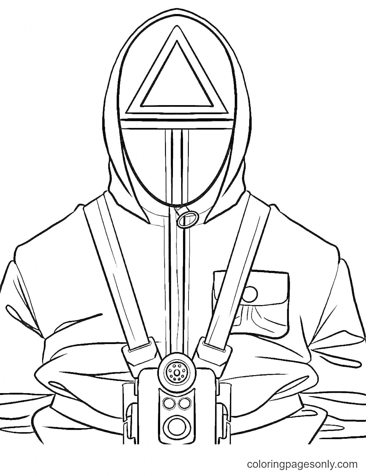 Раскраска Охранник в маске с треугольником из игры в кальмара, в форме с ремнями и камерой на груди