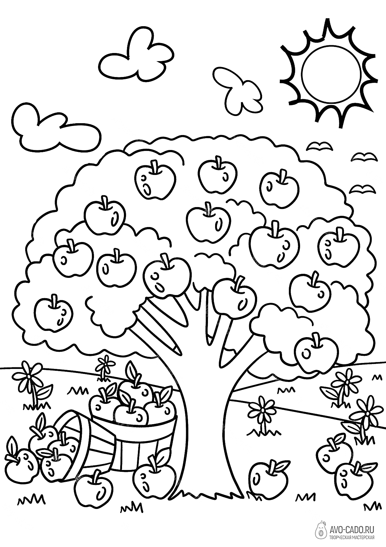 На раскраске изображено: Яблоня, Корзина, Солнце, Облака, Трава, Цветы, Для детей