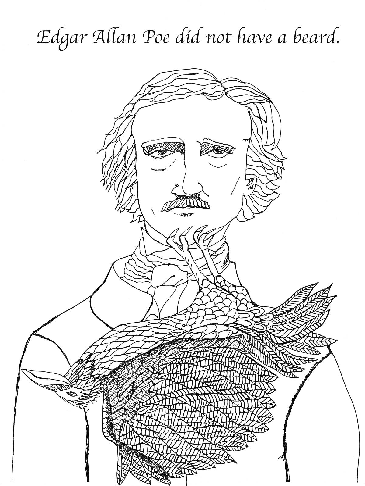 Раскраска Эдгар Аллан По с птицей на груди и надписью 