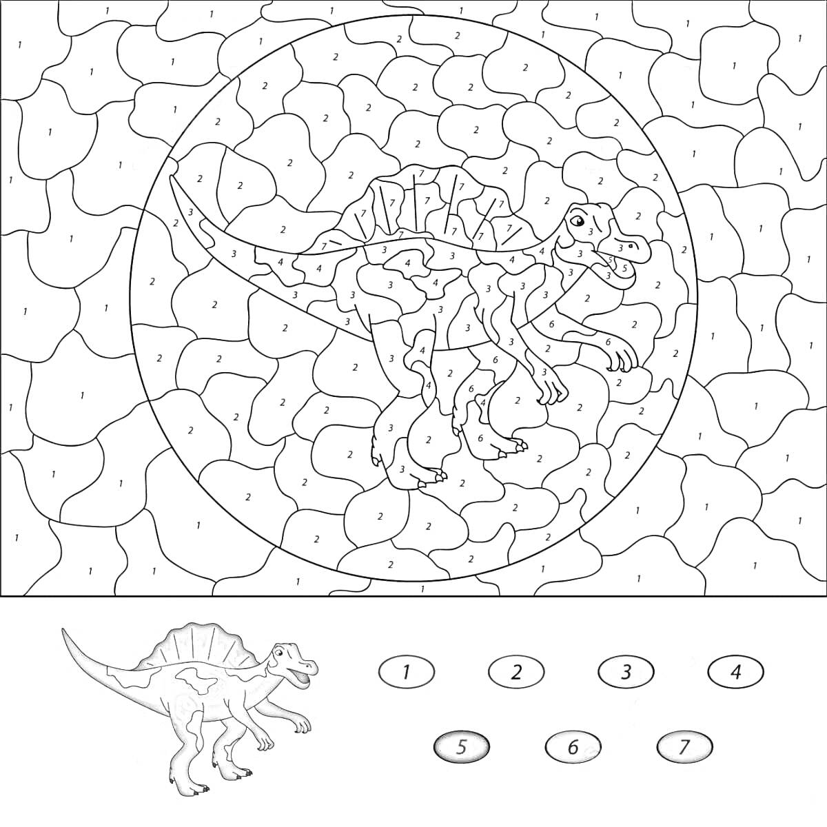 Раскраска Динозавр с фоном в круге