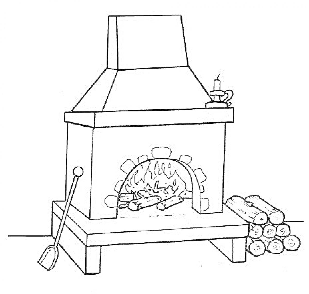 На раскраске изображено: Дрова, Кочерга, Огонь, Тепло, Уют, Камин
