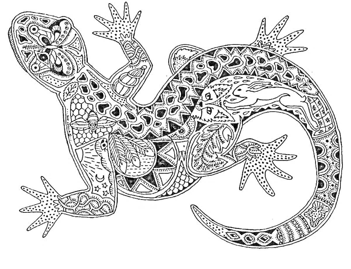 Раскраска Узорно украшенная ящерица с геометрическими и растительными элементами