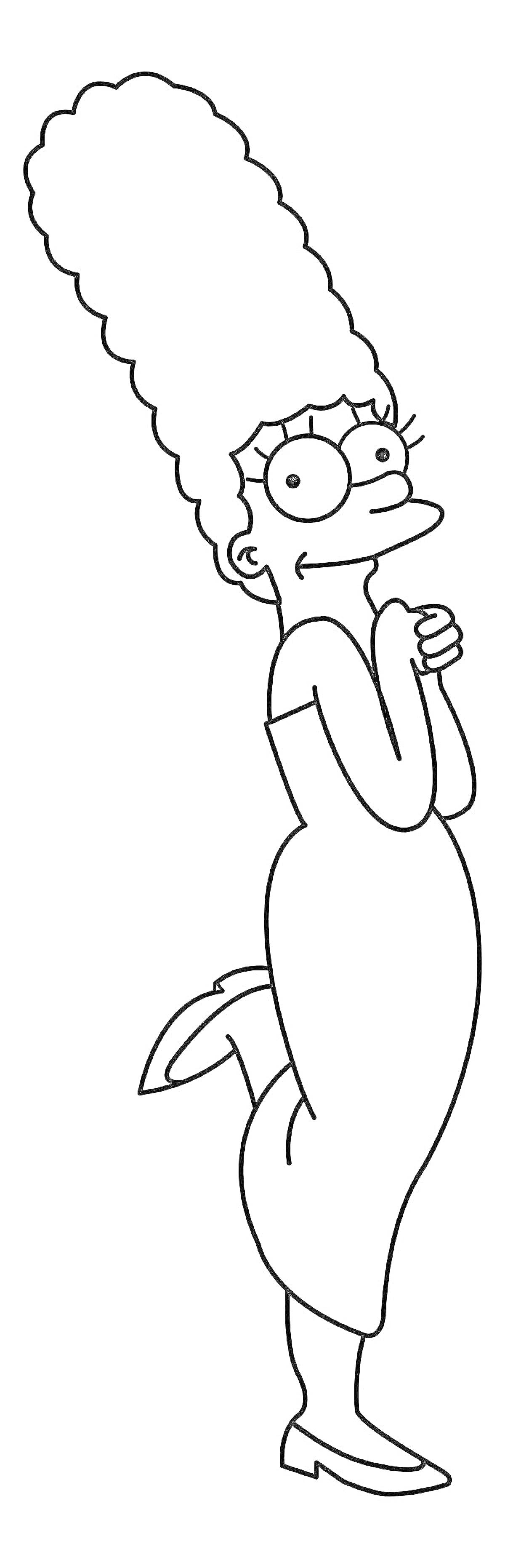 На раскраске изображено: Мардж Симпсон, Платье, Большие волосы, Рука, Мультипликационный персонаж