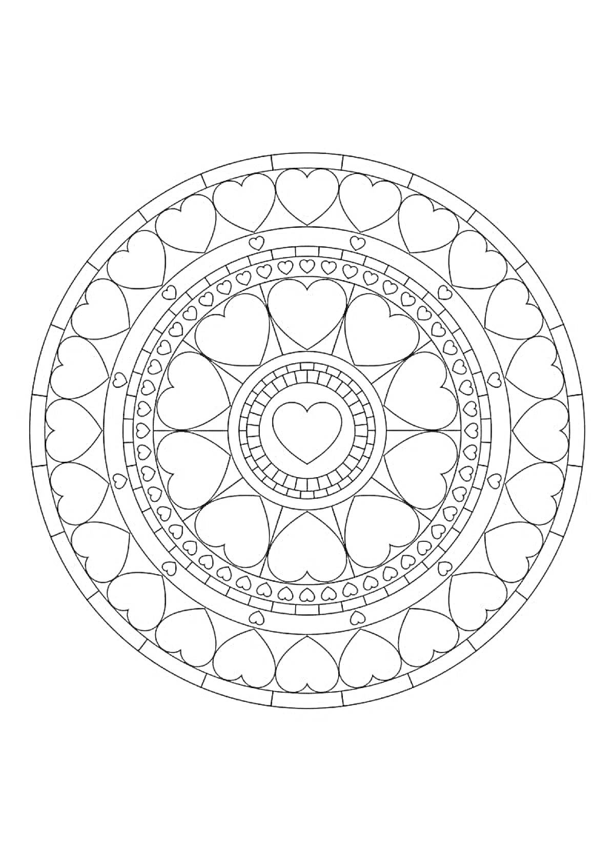 На раскраске изображено: Мандала, Любовь, Сердца, Точки, Геометрия