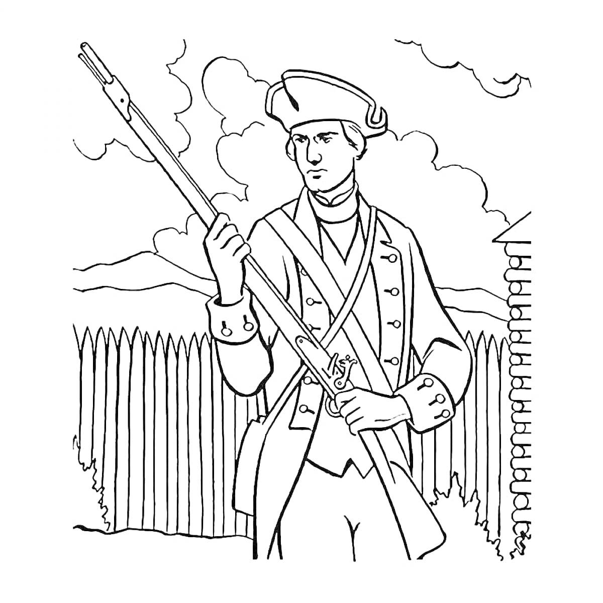 Раскраска Солдат в униформе с ружьем на фоне забора и облаков