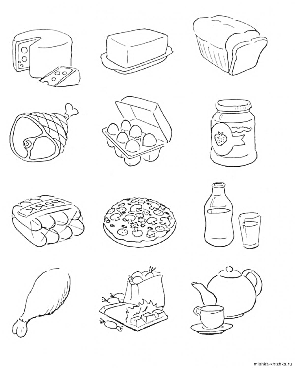 Сыр, масло, хлеб, ветчина, яйца, банка с клубничным джемом, батон хлеба, пицца, бутылка молока и стакан, куриная ножка, коробка с суши, чайник и чашка