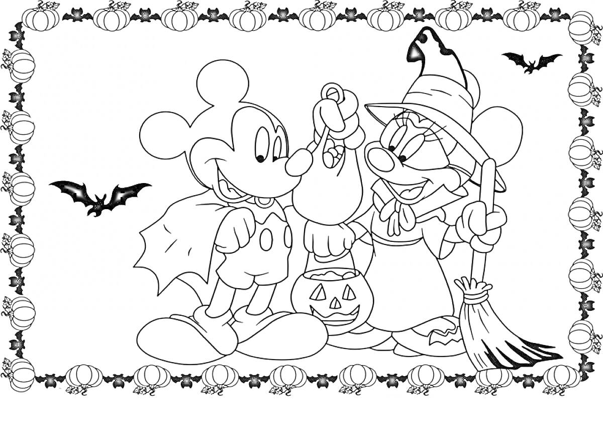 Раскраска Персонажи в костюмах на Хэллоуин: мышонок с тыквой и ведьмочка с метлой, граница из тыкв и летучих мышей