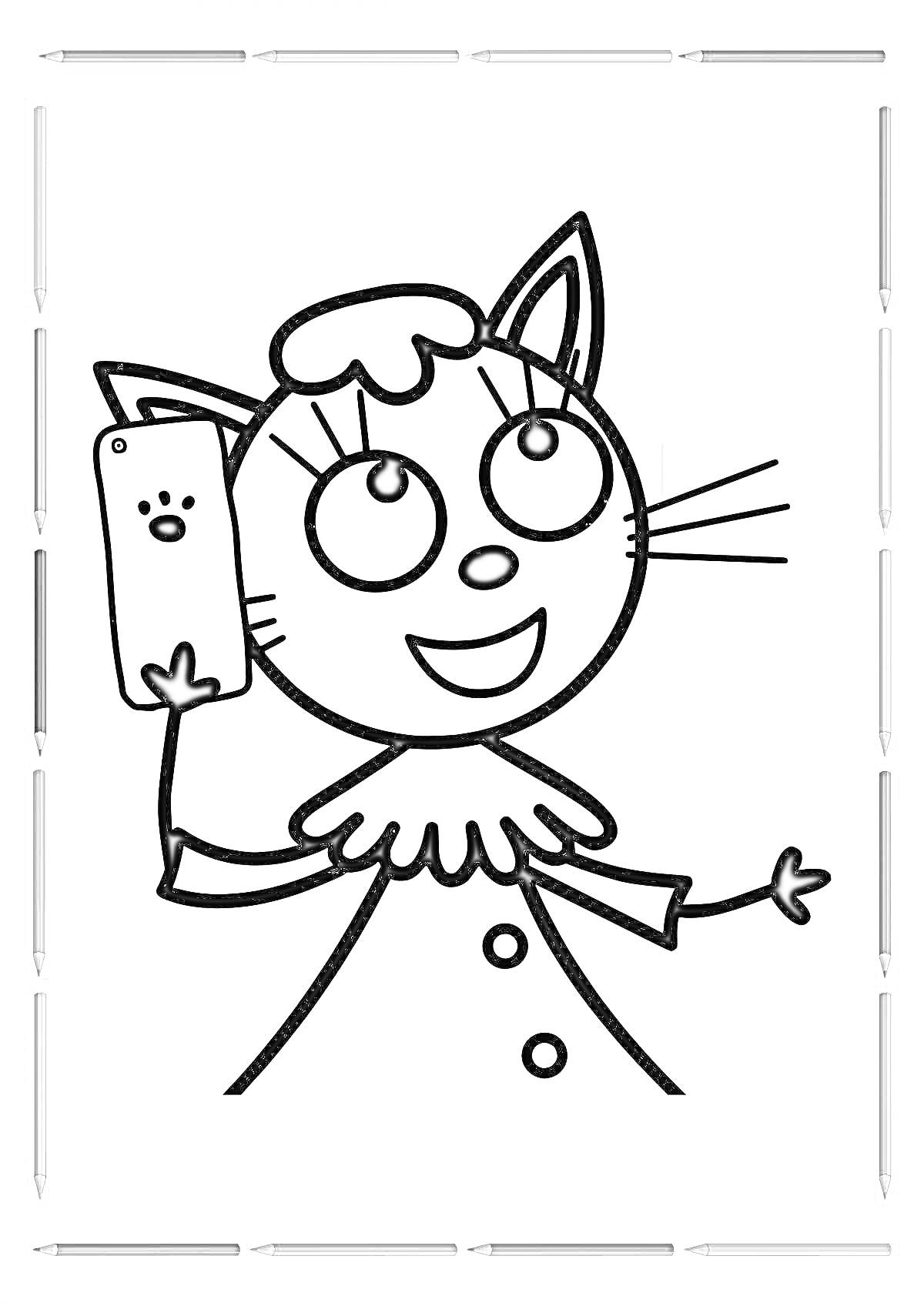 Раскраска Кошечка с мобильным телефоном делает селфи, в рубашке с воротником, кнопки на одежде
