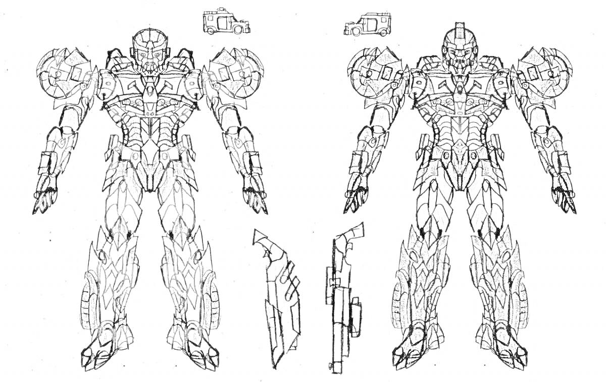 На раскраске изображено: Робот, Броня, Оружие, Детализированные, Меха, Трансформация